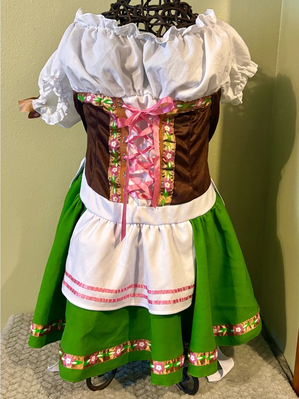 Leg Avenue Green, White & Brown Peasant Dirndl Costume with Pink Accents